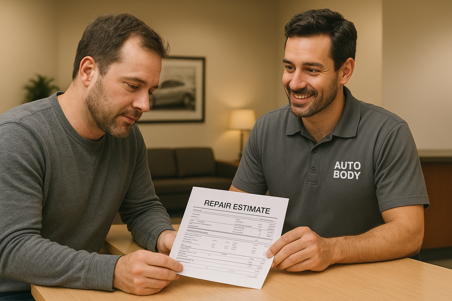 Customer reviewing written repair estimate with a California auto body shop advisor