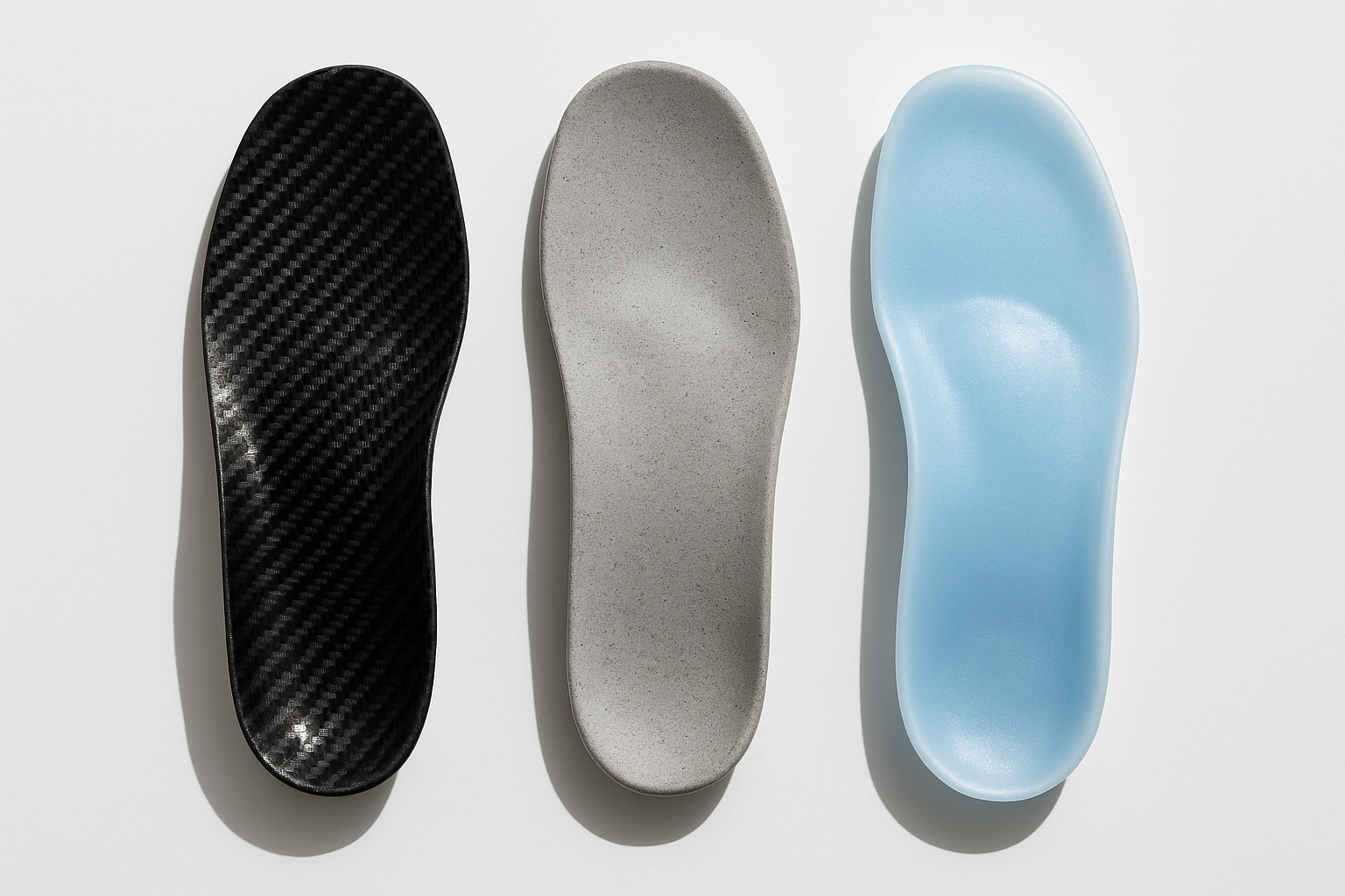 Three types of custom orthotic insoles showing rigid, semi-rigid, and soft material options