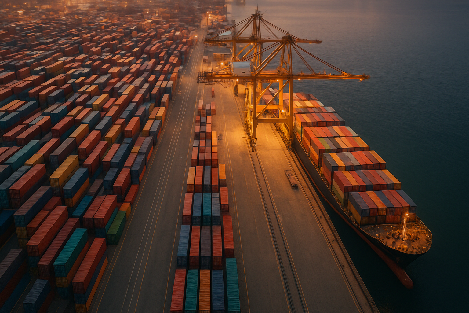 Container port at dusk showing stacked shipping containers relevant to maersk tracking