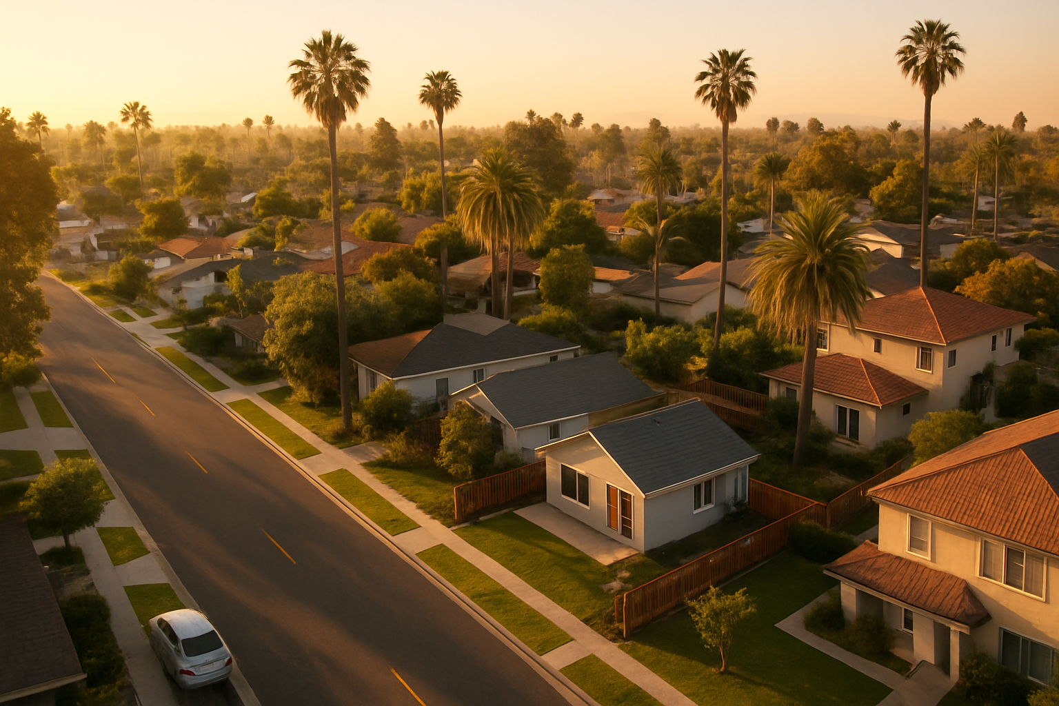 Aerial view of Southern California neighborhood showing a backyard ADU built under California ADU building regulations