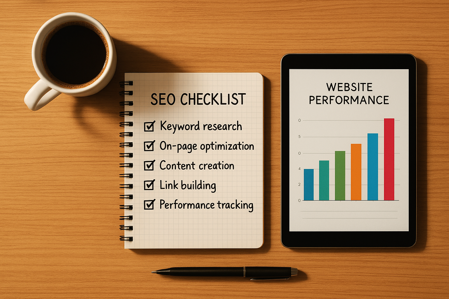 SEO improvement checklist and performance charts representing a monthly site audit workflow