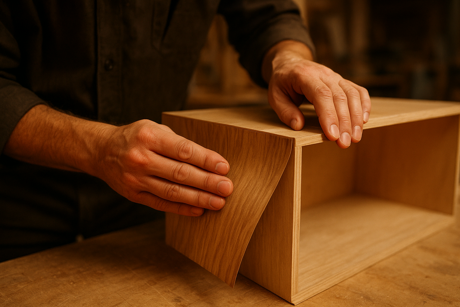 Craftsman applying veneer during a cabinet refacing project in a workshop setting