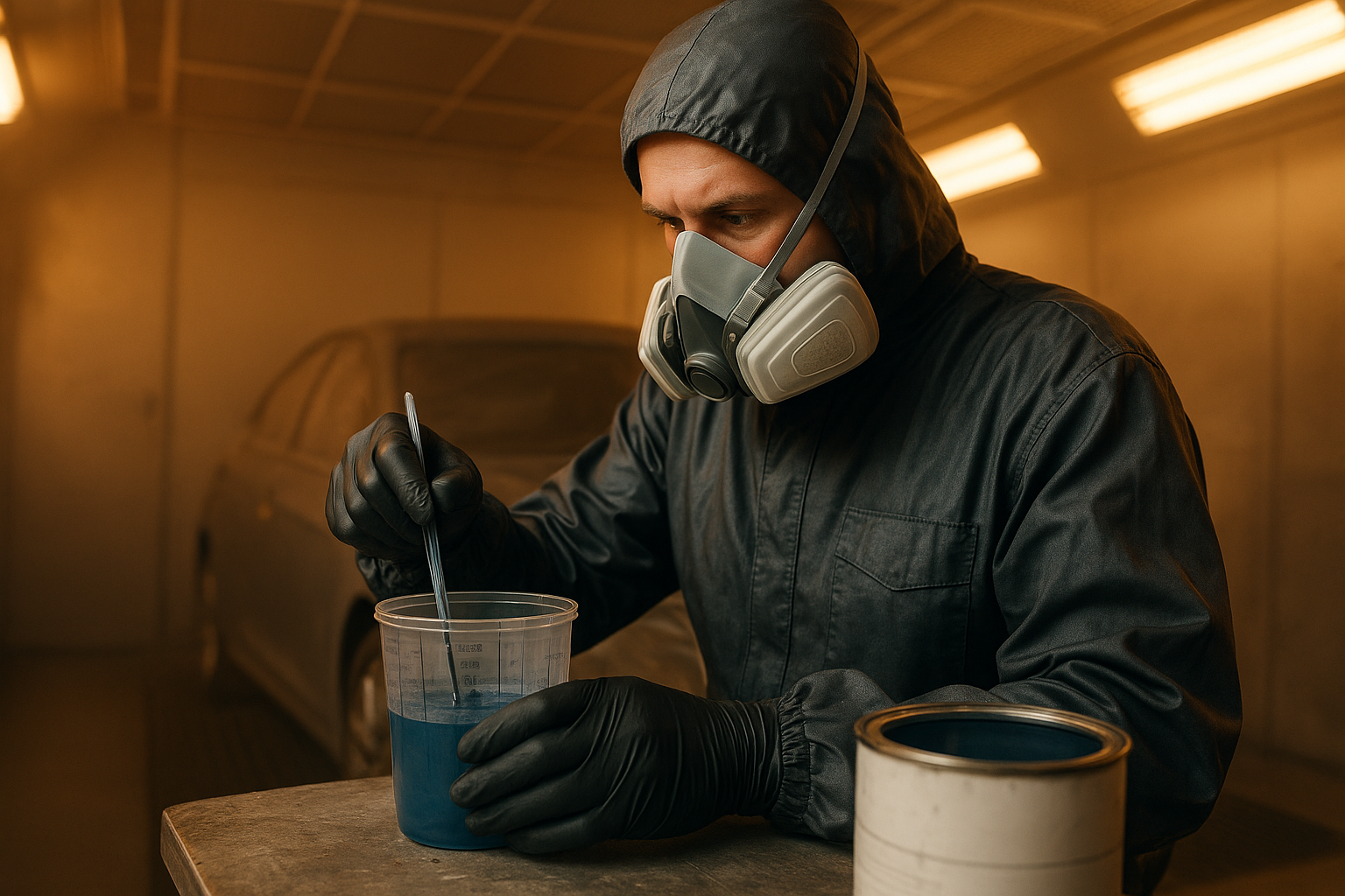 Technician color-matching automotive paint in a spray booth for bumper repair