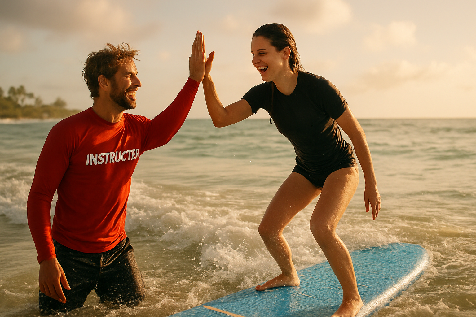 Surf instructor celebrating with a student who just stood up on a board during a Hawaii surfing lesson