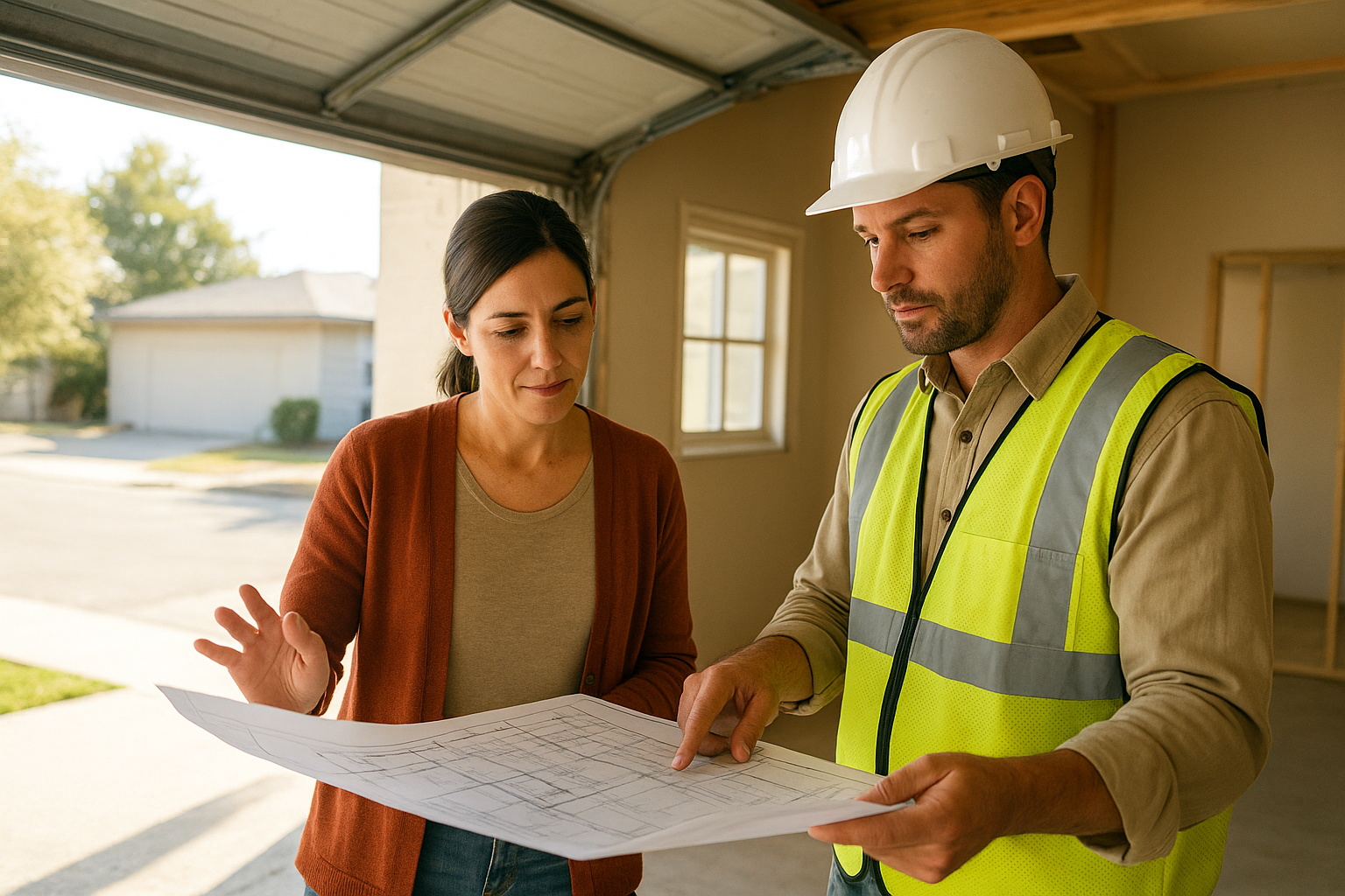 Contractor and homeowner reviewing plans for junior ADU conversion services in a garage