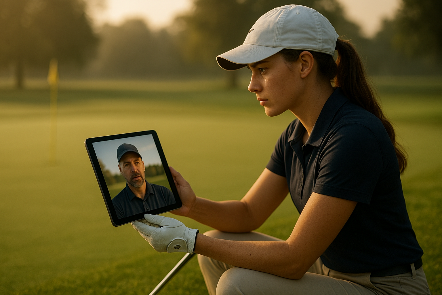 Aspiring professional golfer receiving remote feedback during a coaching session