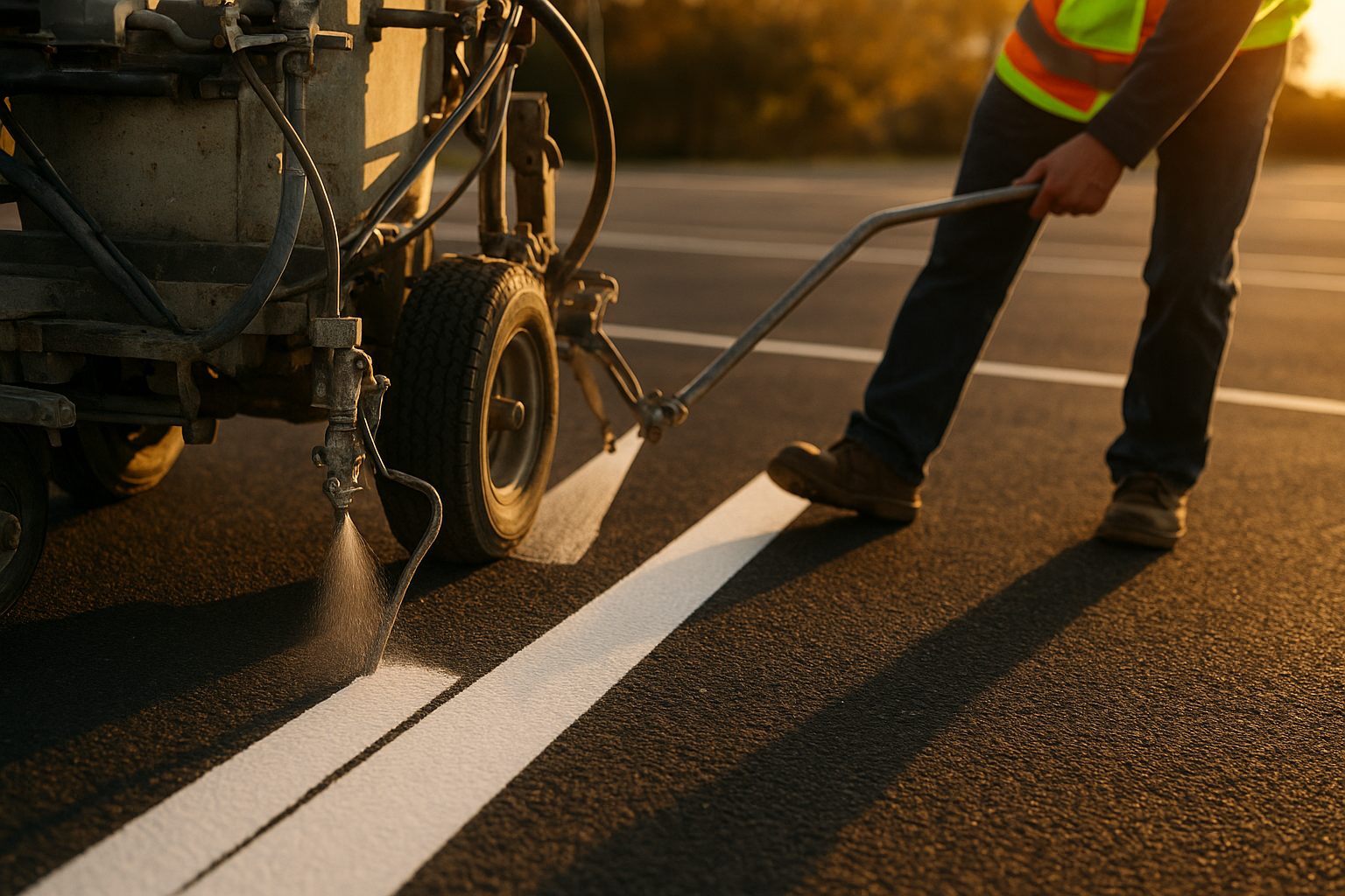 Parking lot striping machine applying white lines to asphalt in a DFW commercial parking lot