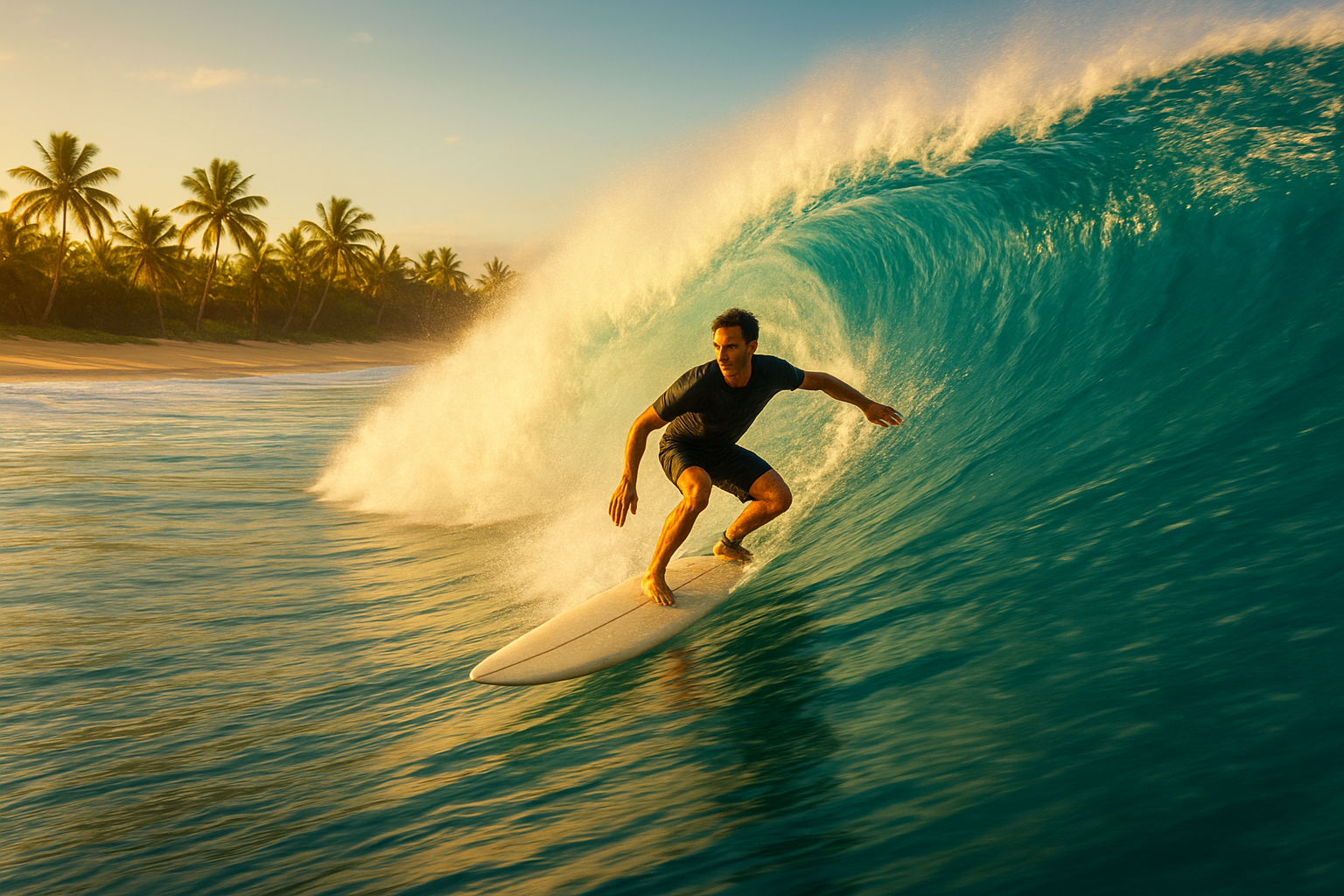 Surfer executing a bottom turn during intermediate surfing classes Hawaii at a tropical beach