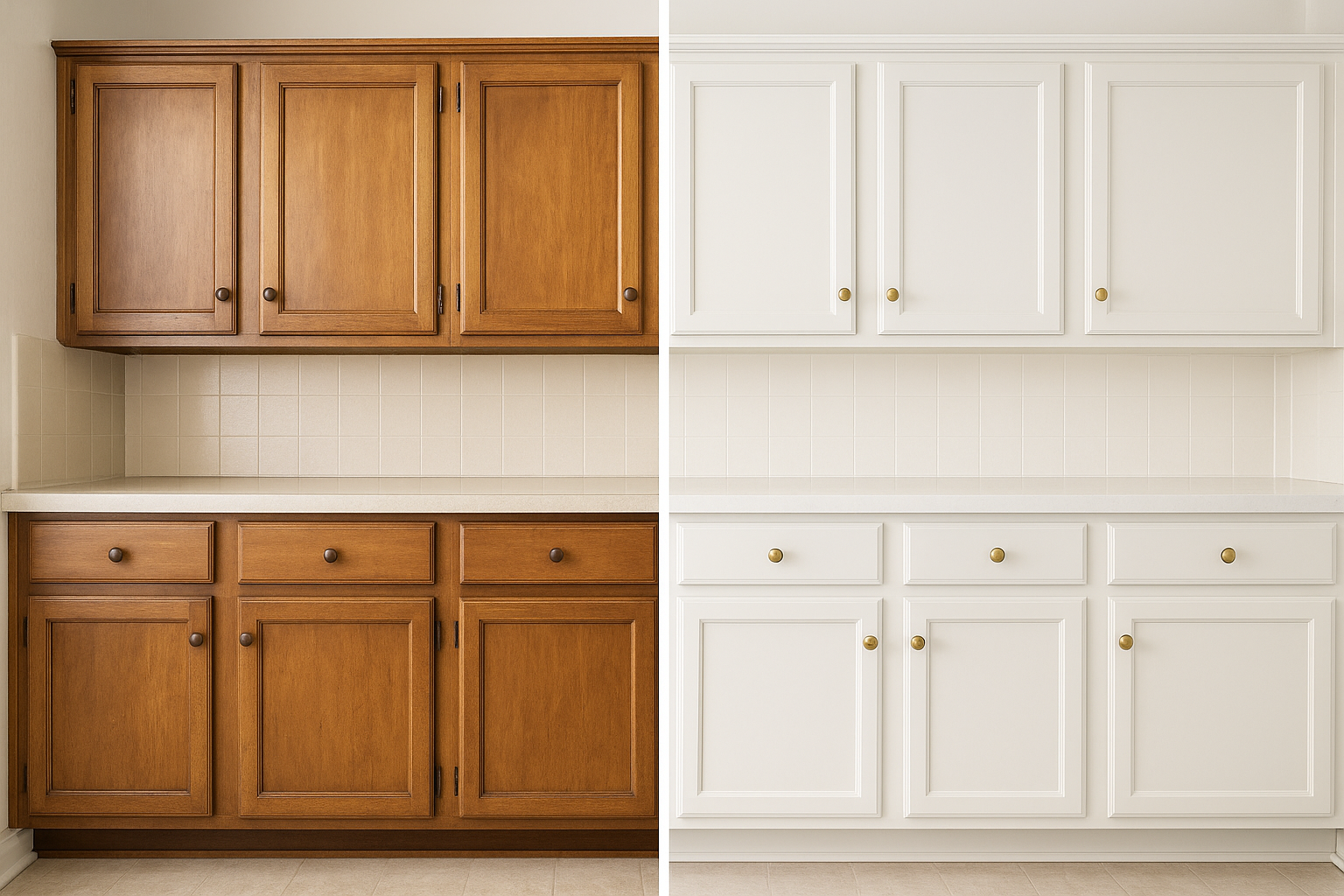 Before and after comparison of refaced kitchen cabinets with antique brass hardware