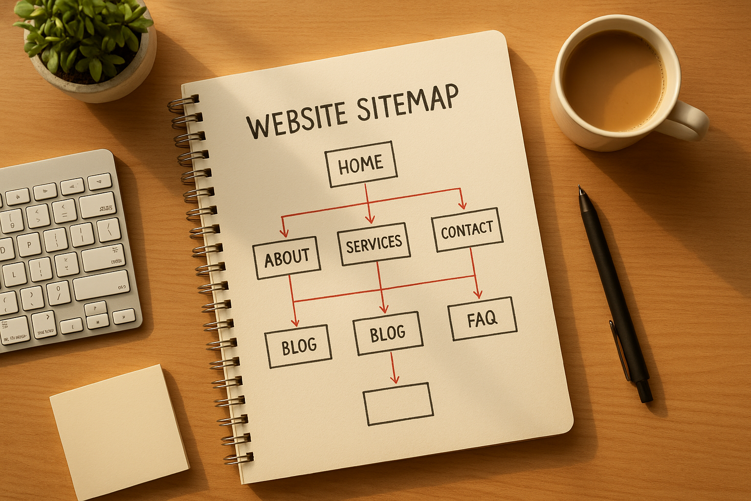 Hand-drawn website sitemap on a notebook showing content cluster planning for an internal link strategy