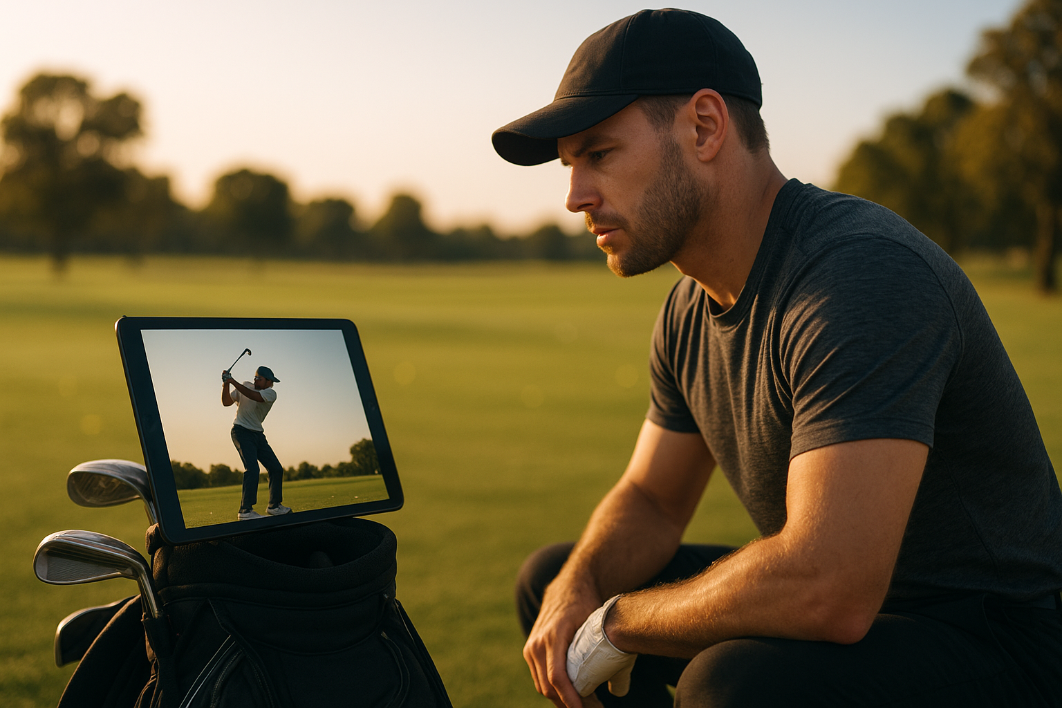 Competitive golfer reviewing golf training videos for competitive play on a tablet at the driving range
