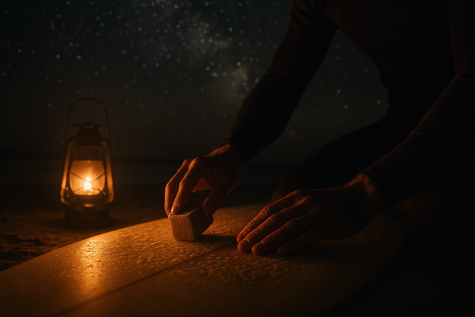 Surfer preparing a board for a night session under a starry sky