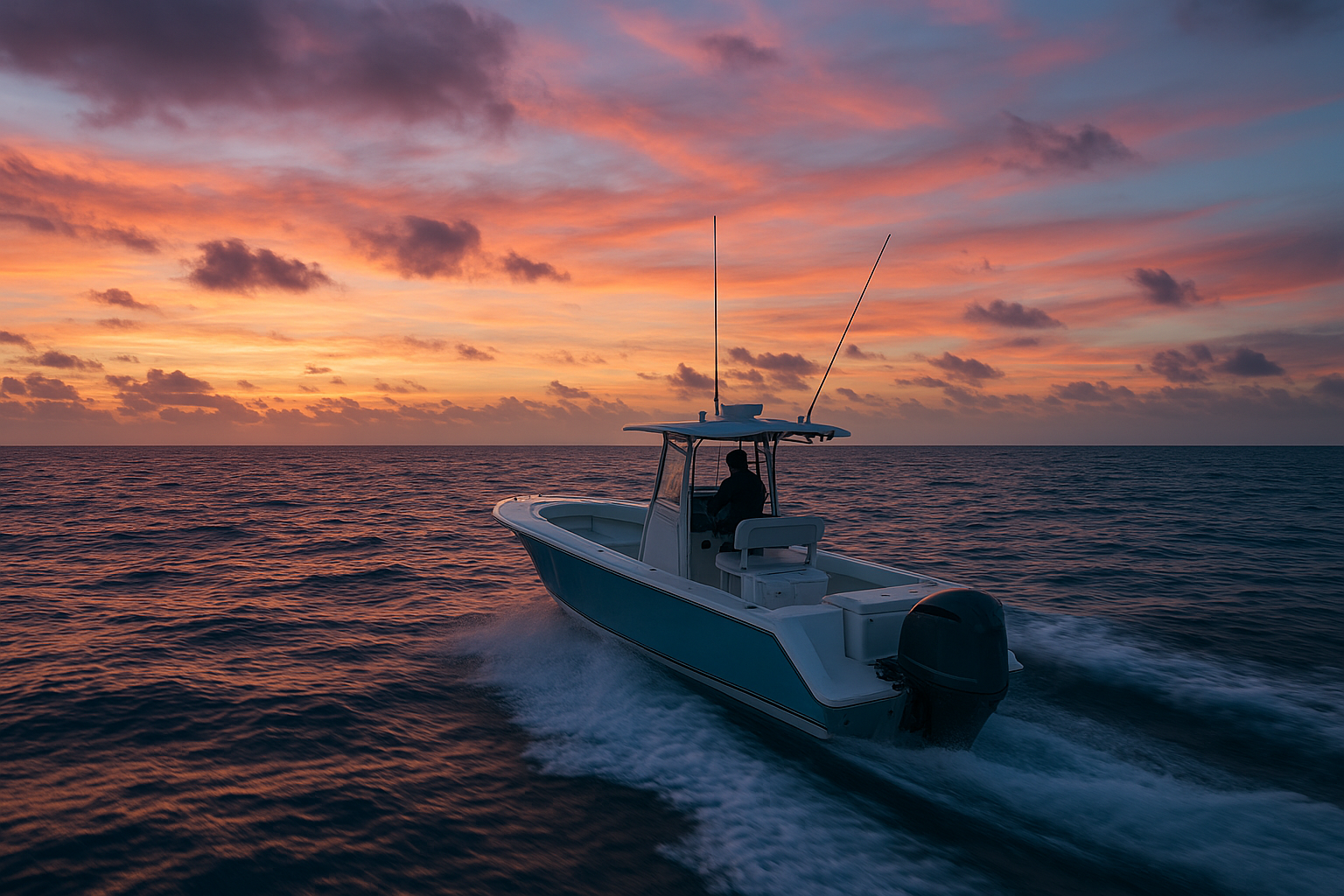Charter boat heading offshore toward Gulf Stream waters near North Myrtle Beach at sunrise