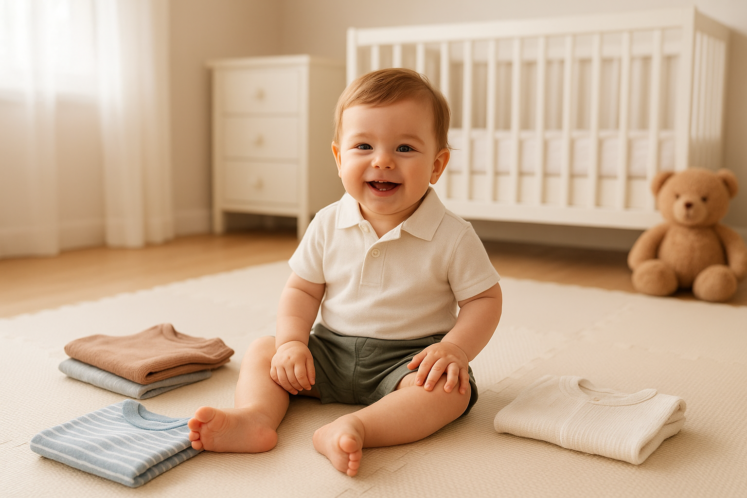 Happy toddler wearing freshly delivered rental clothing in a bright nursery setting