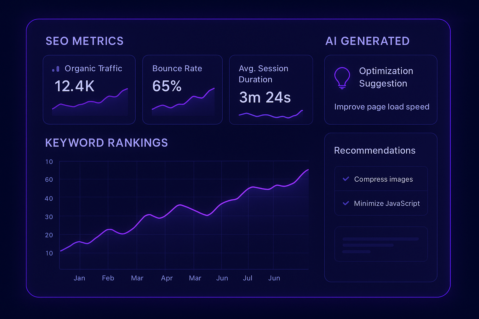 Automated SEO AI dashboard displaying keyword rankings and real-time optimization recommendations