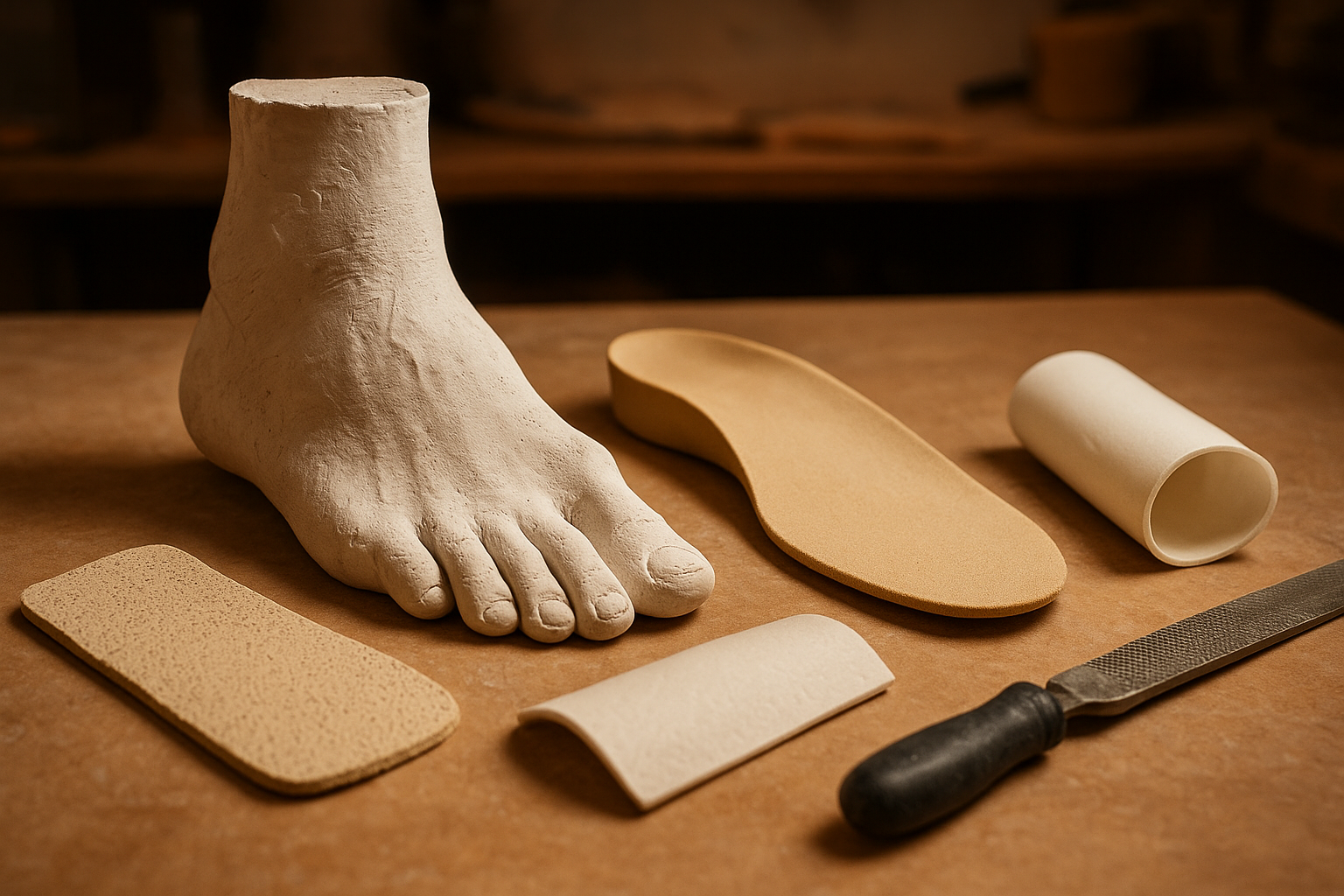 Plaster foot mold and fabrication materials used to build custom orthotic devices