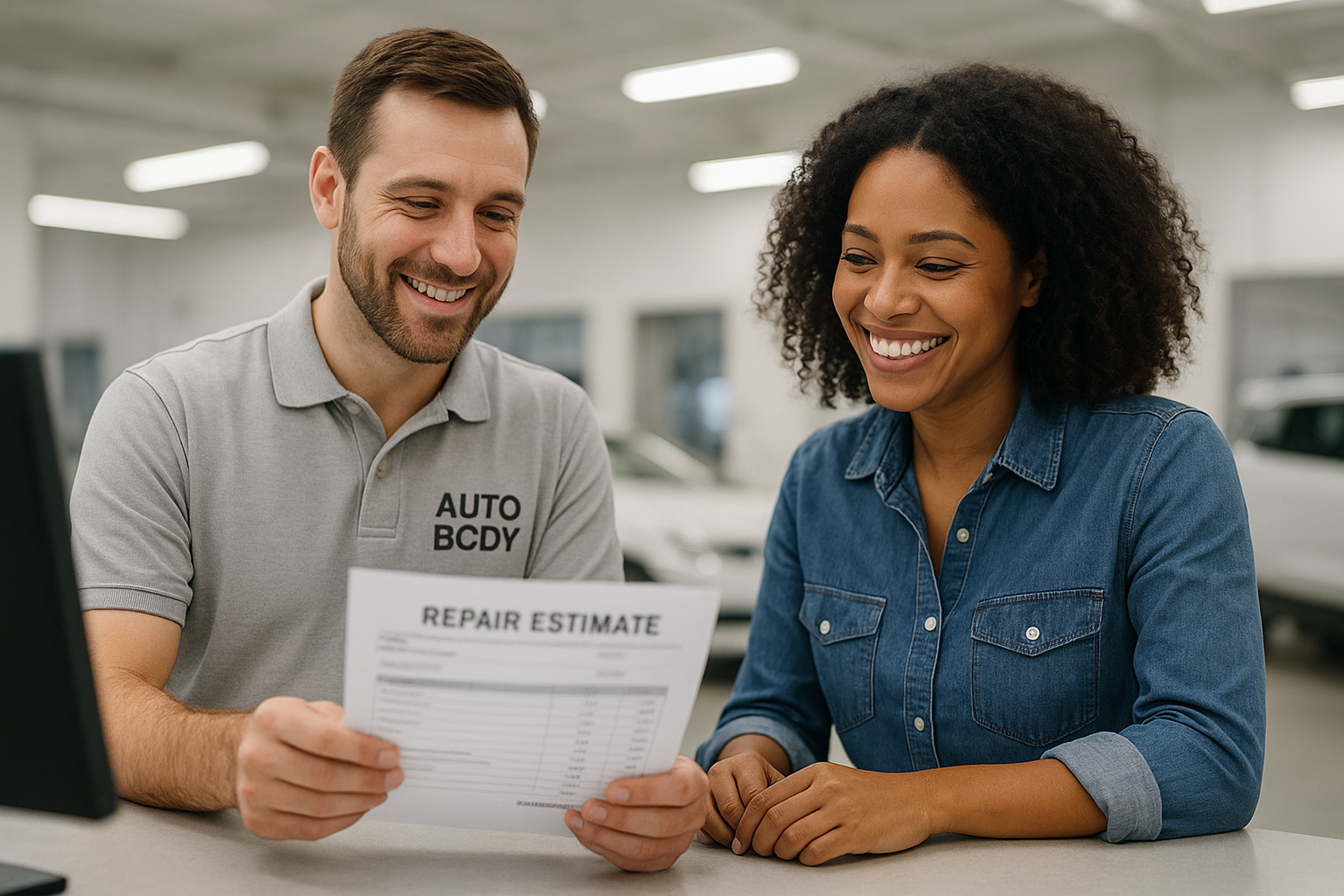 Customer reviewing repair estimate with advisor at a budget auto body shop