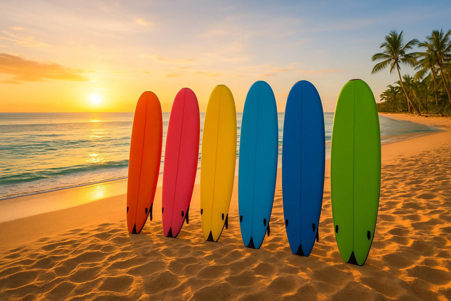 Row of beginner surfboards ready for a group surf lesson at Waikiki Beach