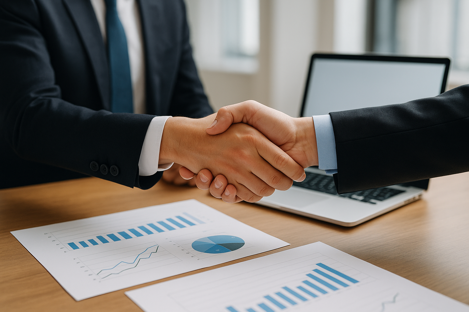 Business owner and lender shaking hands after loan approval in modern office