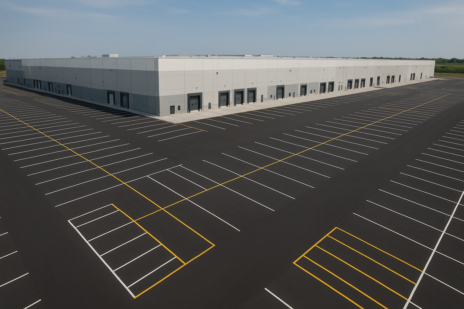 Freshly painted industrial parking lot striping marking traffic lanes and parking stalls