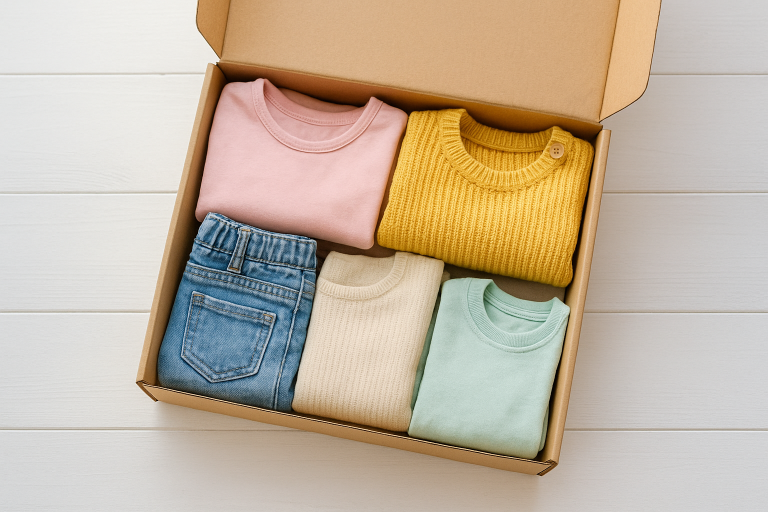 Subscription box for children's clothes with colorful curated toddler outfits laid flat on a white surface