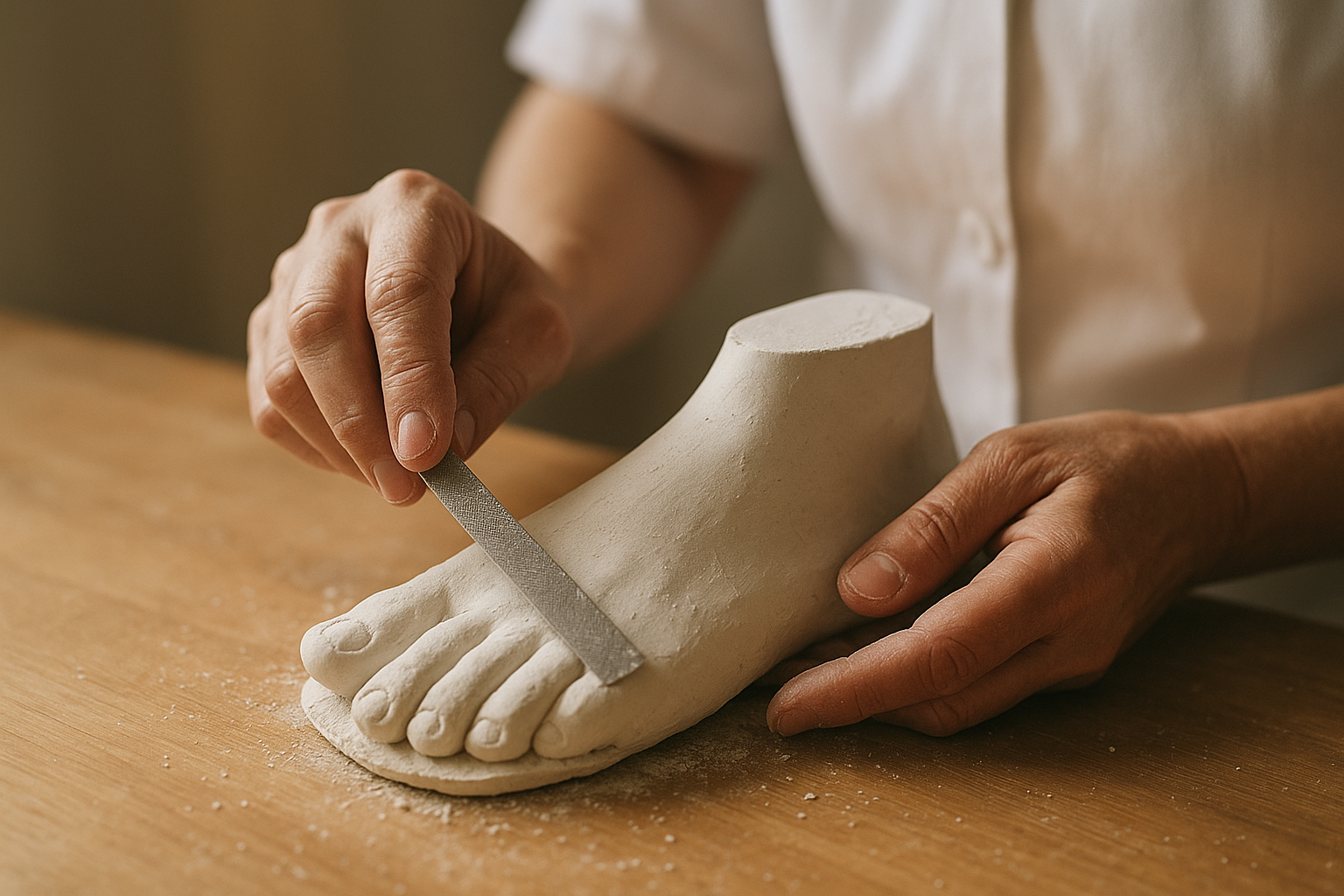 Podiatrist shaping a foot mold used to fabricate discount custom orthotics