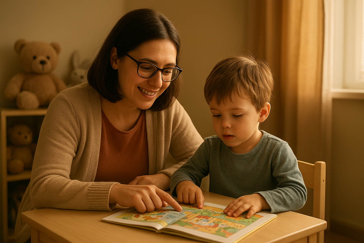 Speech-language pathologist reading an articulation story with a preschool child during therapy