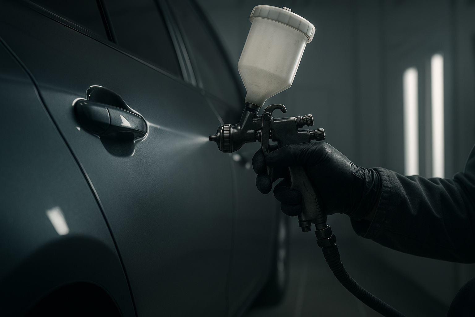 Technician performing precision paint matching during auto body repair