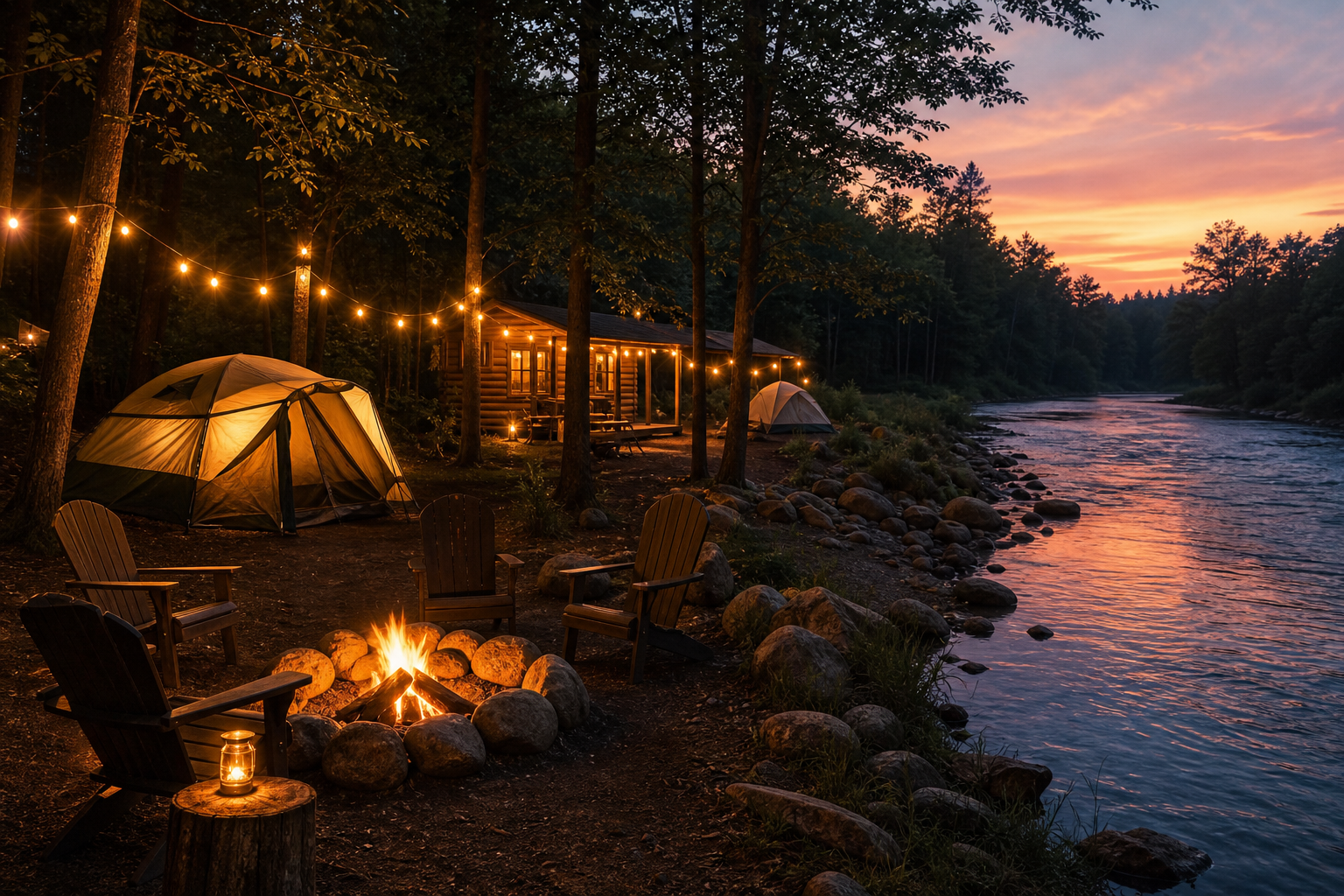 Riverside campsite near a Buffalo River take-out point at dusk