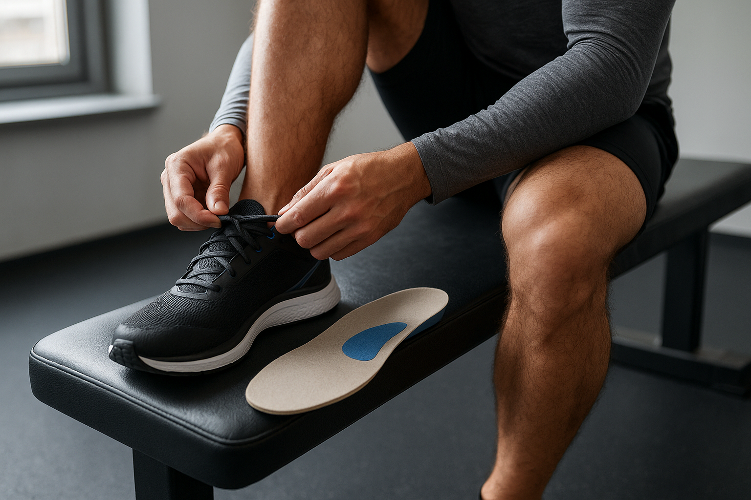 Runner preparing shoes fitted with personalized foot solutions for athletes before training