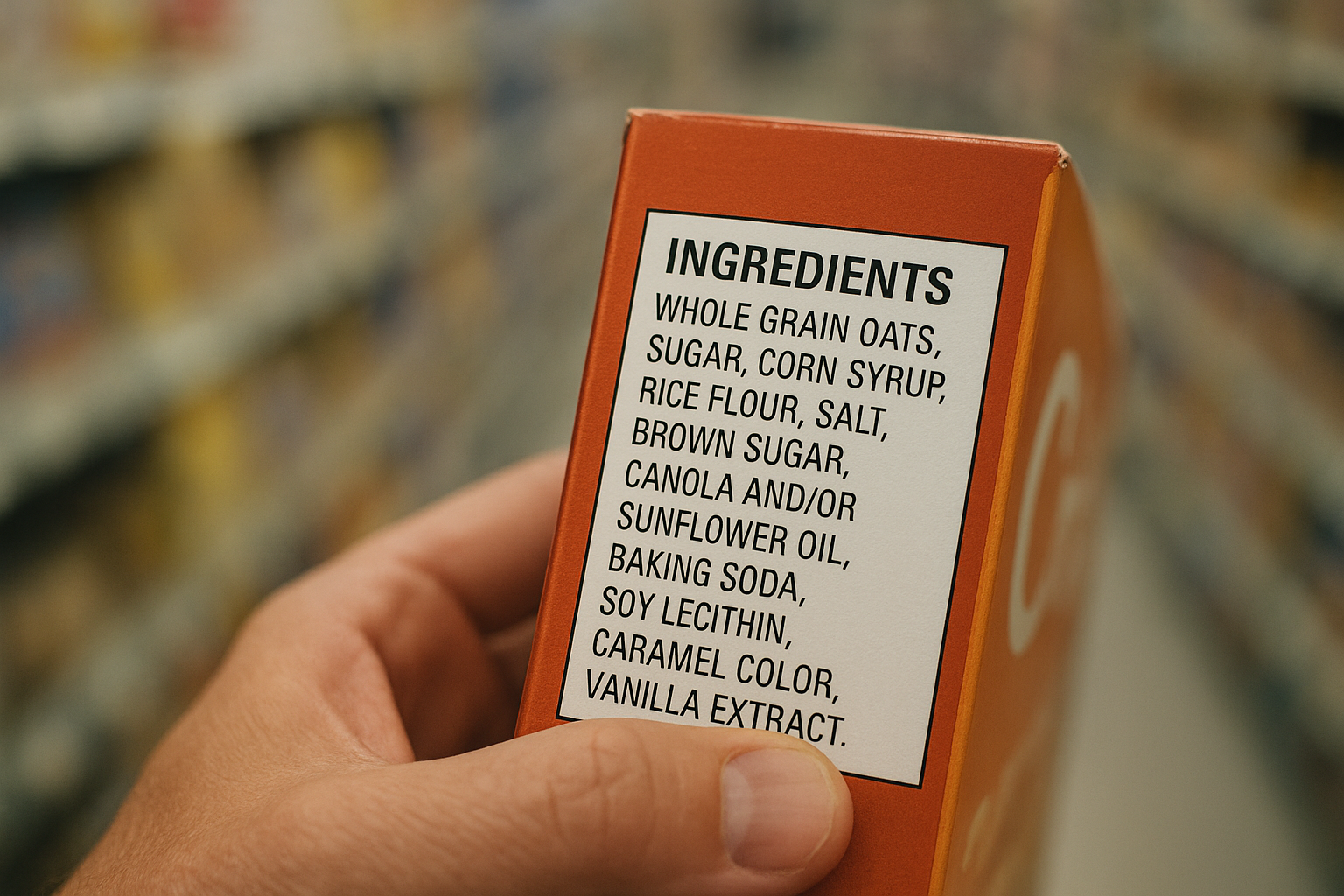 Shopper reading ingredient label to find cereal without artificial dyes