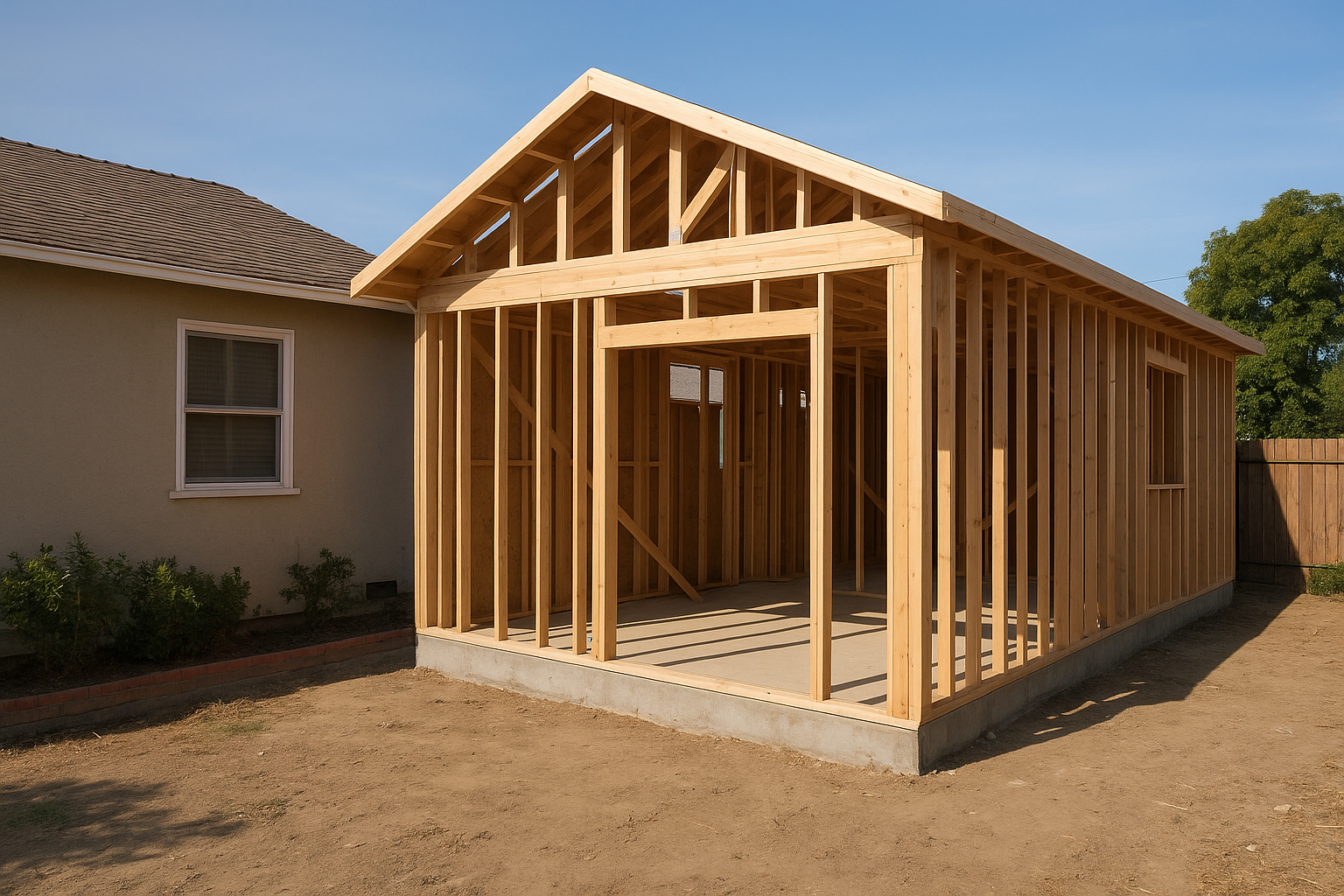 Attached ADU design build Southern California project showing a new addition framed against an existing home