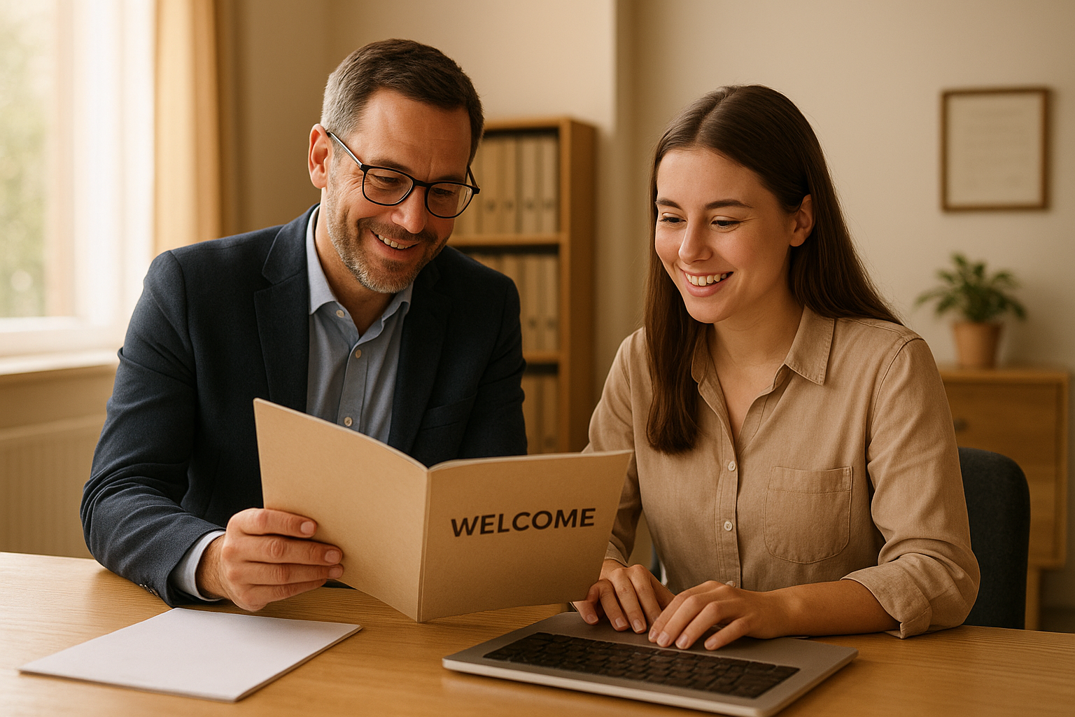 Manager explaining what employee onboarding means to a new hire during their first week