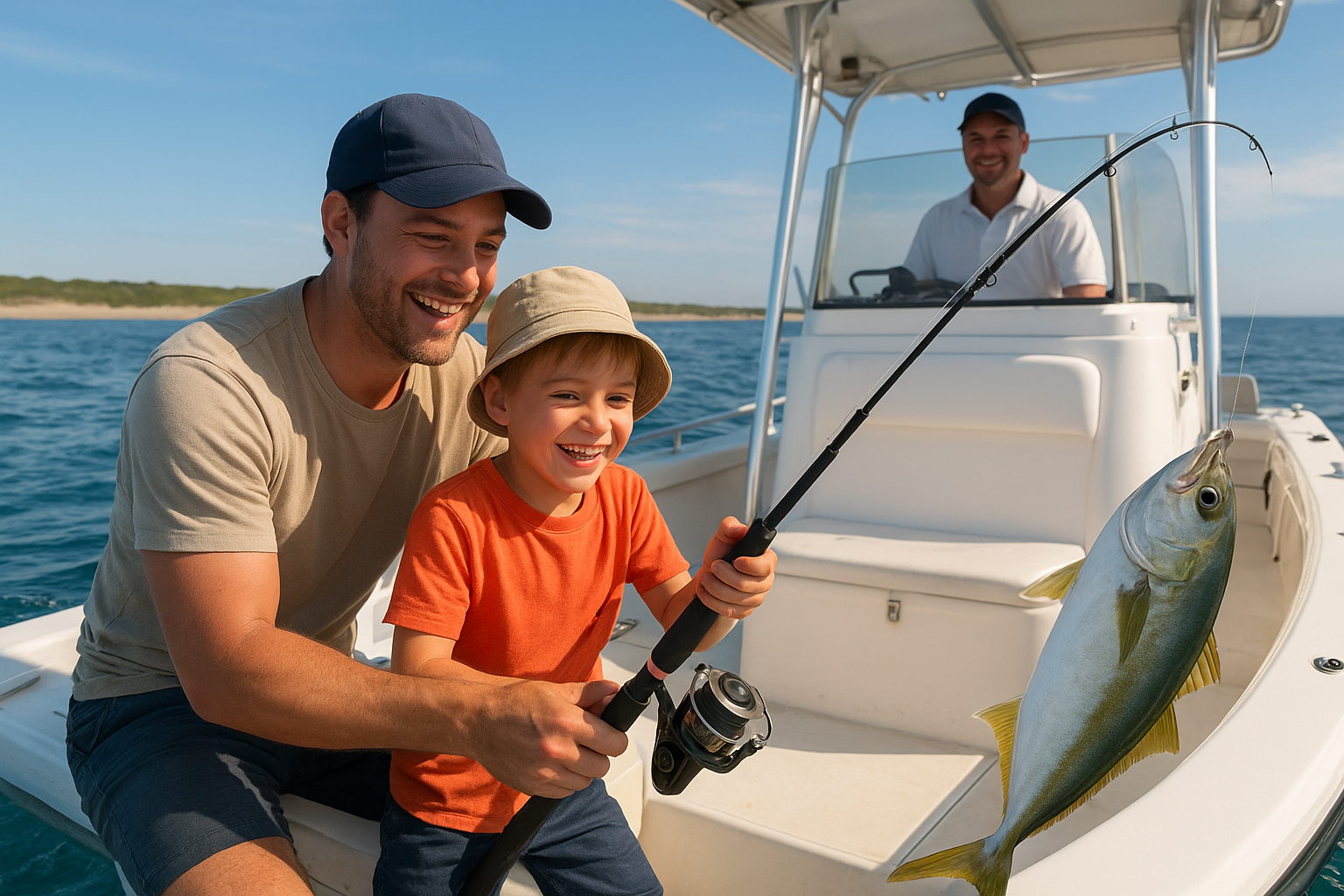 Family fishing together on a nearshore charter boat with captain assistance