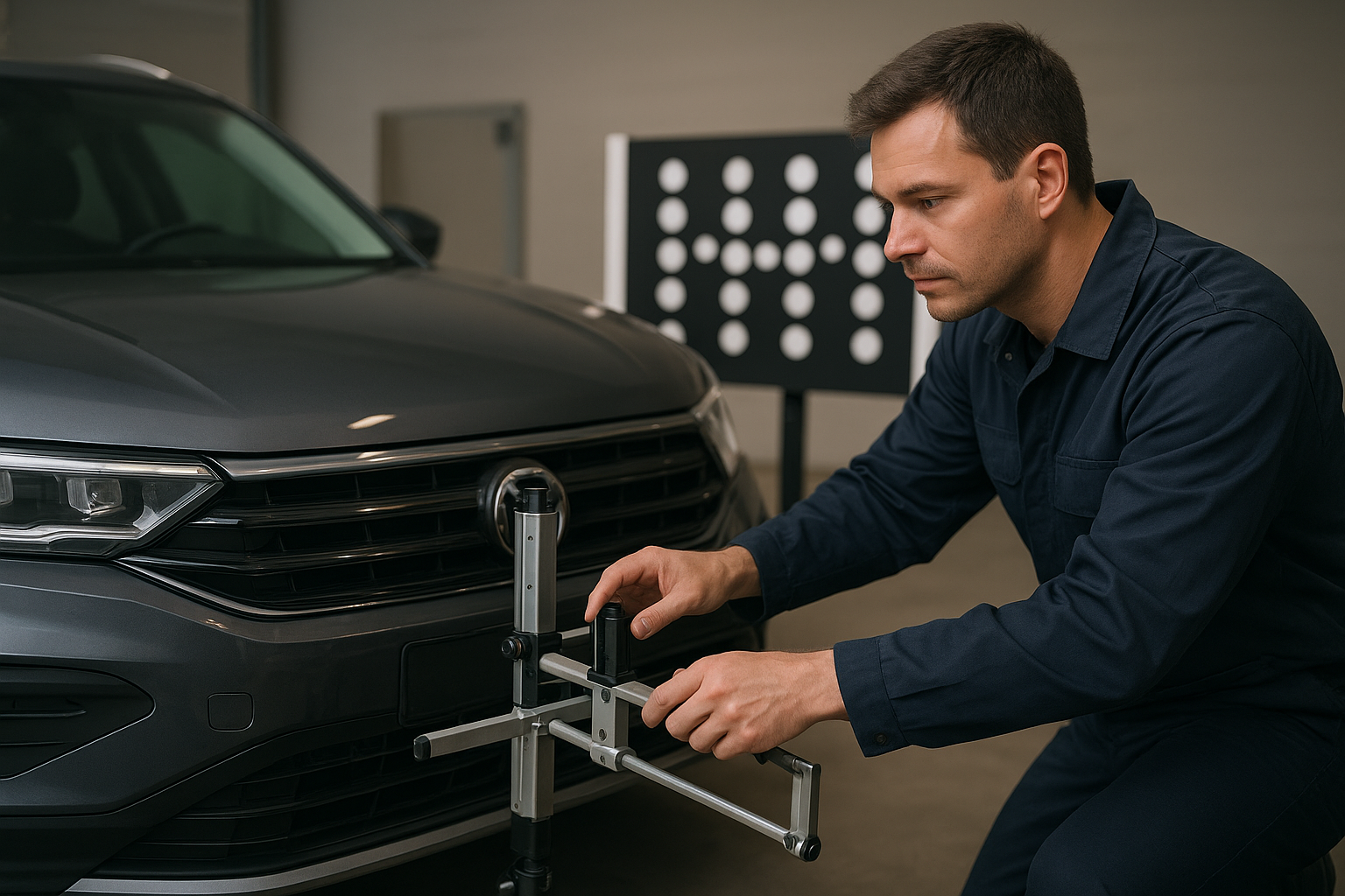 Technician performing ADAS calibration as part of an I-CAR certified repair process