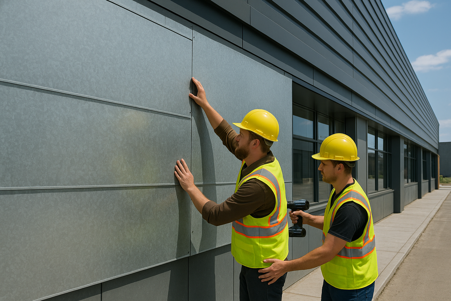 Workers performing commercial sheet metal installation on a building exterior