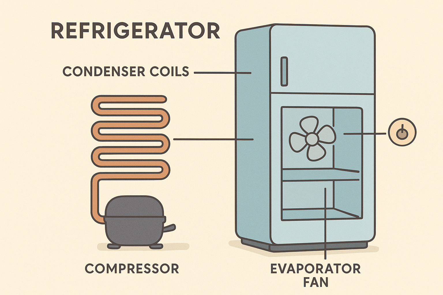 Diagram of refrigerator parts commonly involved in fridge repair