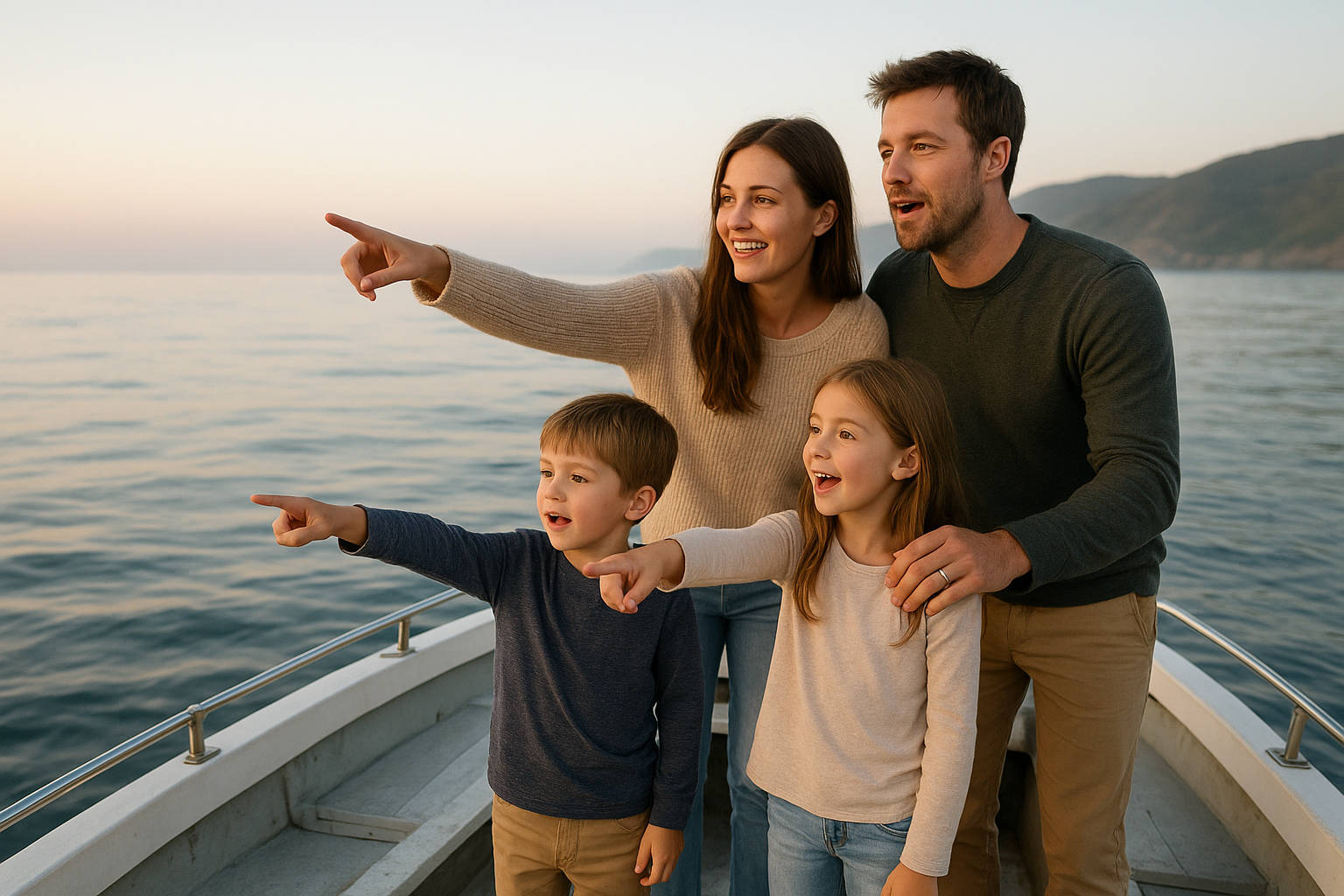 Family enjoying whale watching tours for families San Diego on a small boat deck