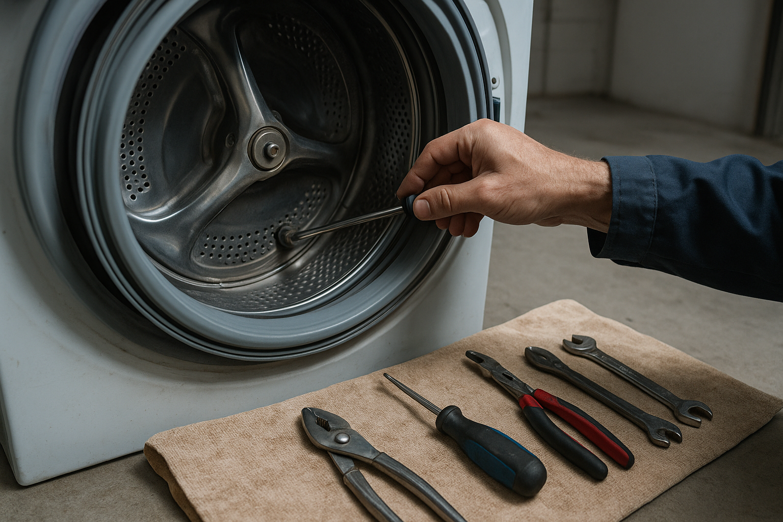 Technician performing a washer repair with tools arranged neatly on a workbench