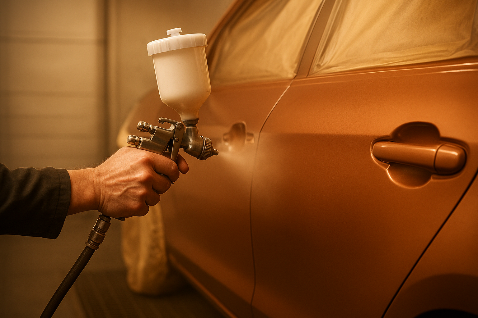 Auto body technician applying precision paint matching during collision repair