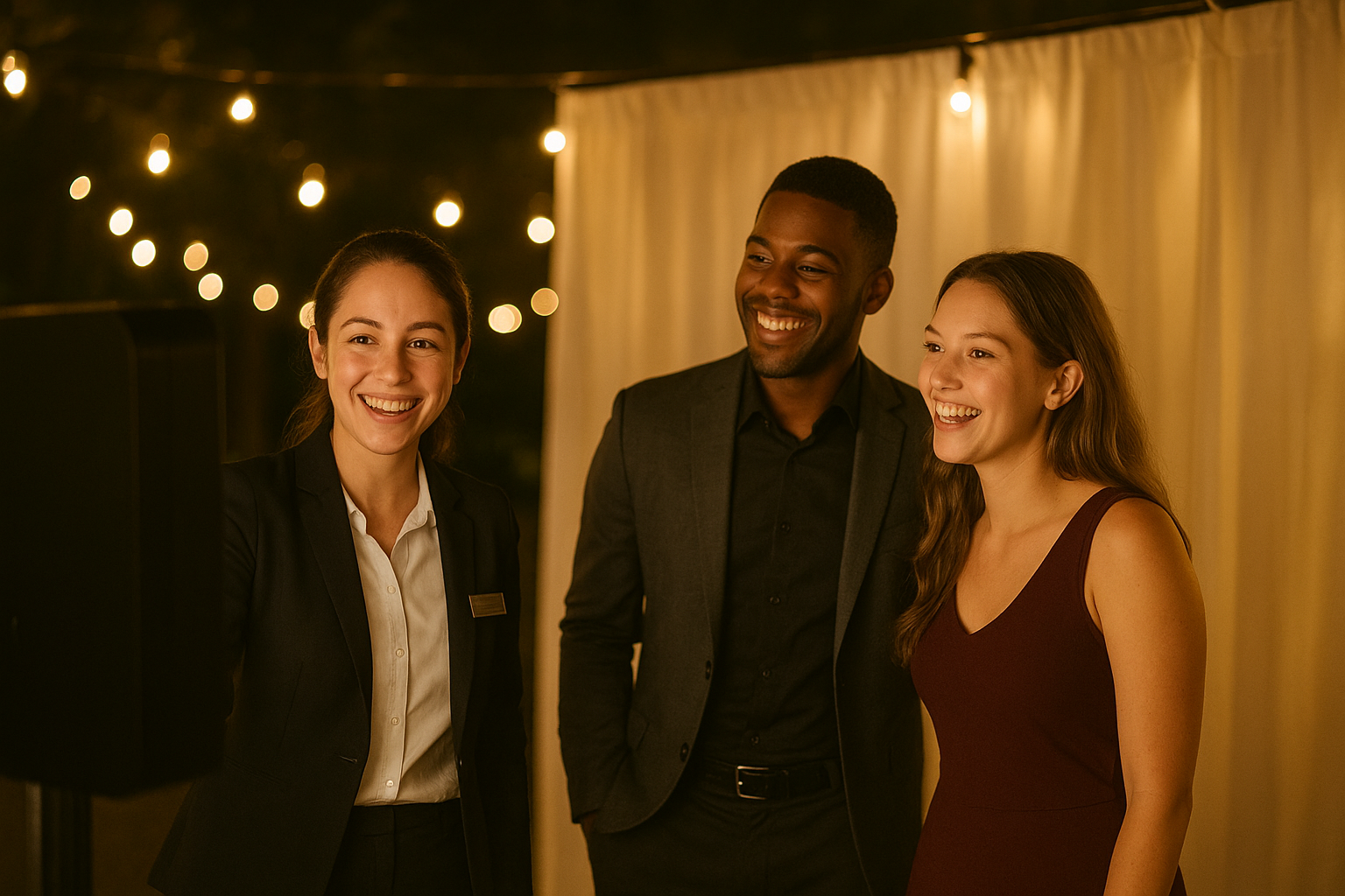 Staffed photo booth attendant rental host helping guests pose during an evening event