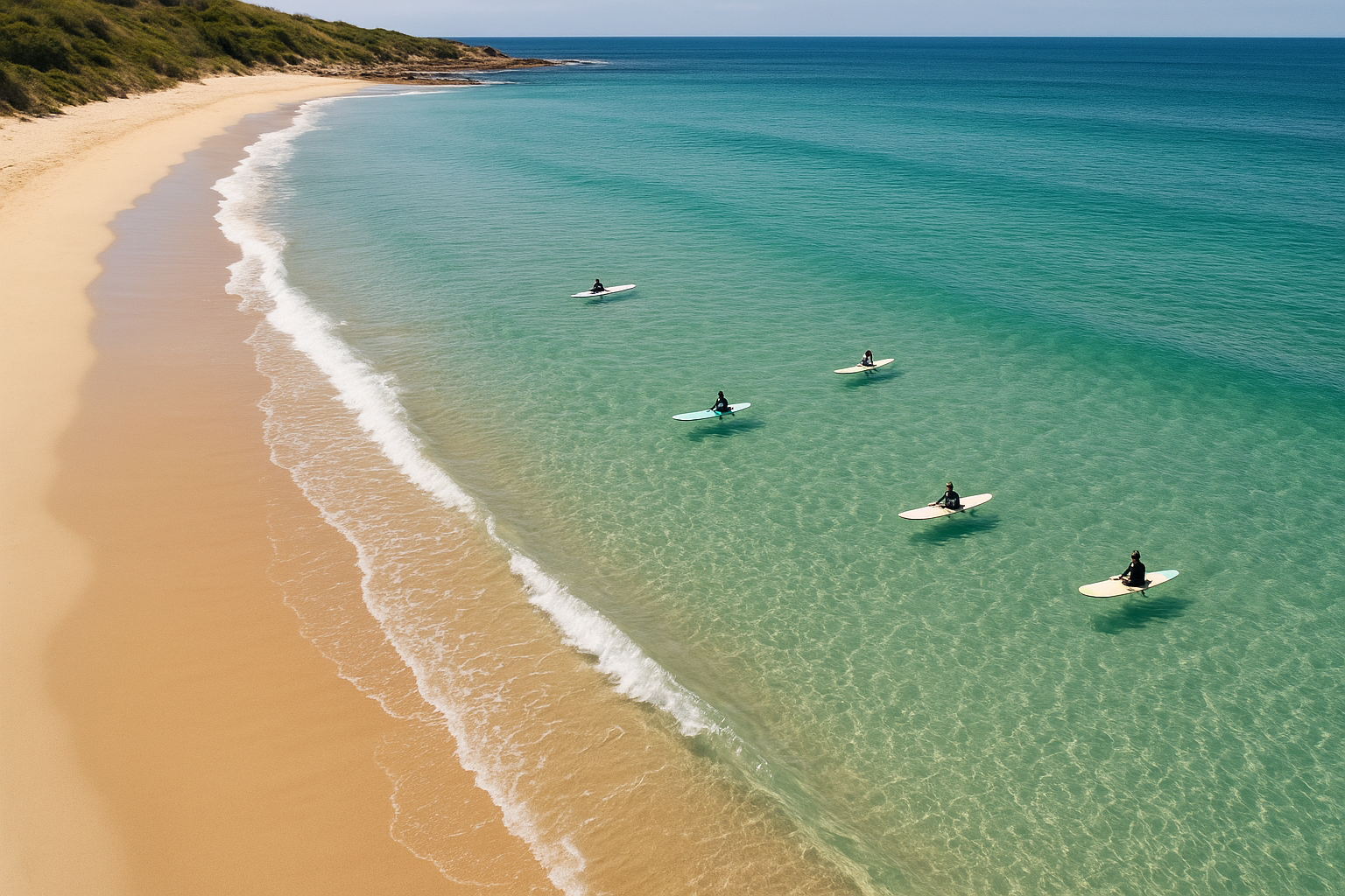 Aerial view of a calm sandy beach cove ideal for beginner surf lessons on Oahu