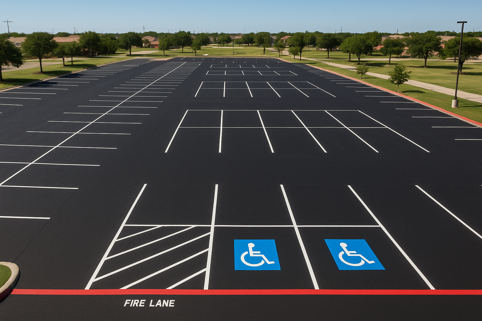 Freshly painted parking lot striping in Plano TX showing white stall lines, ADA markings, and fire lane designations