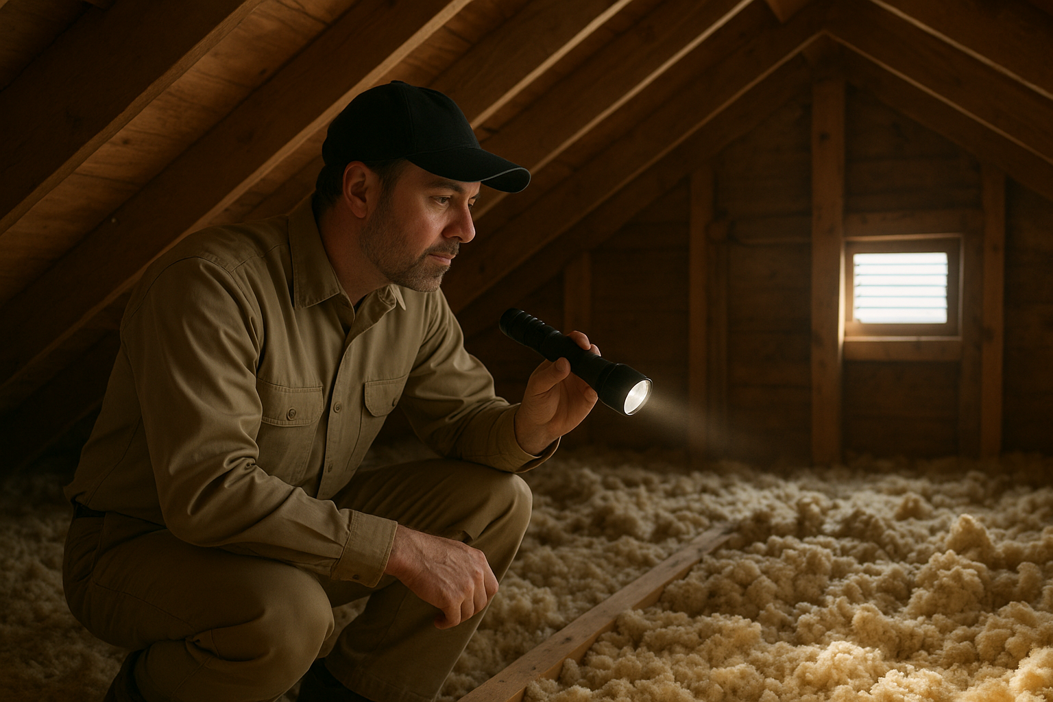Home inspector checking attic insulation during century home inspections