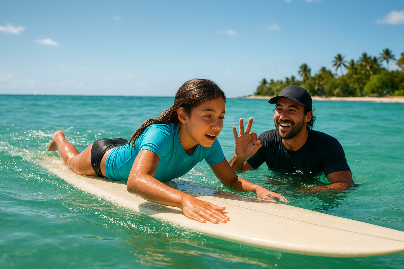 Beginner surf lesson in Waikiki showing an instructor coaching paddling technique in shallow water