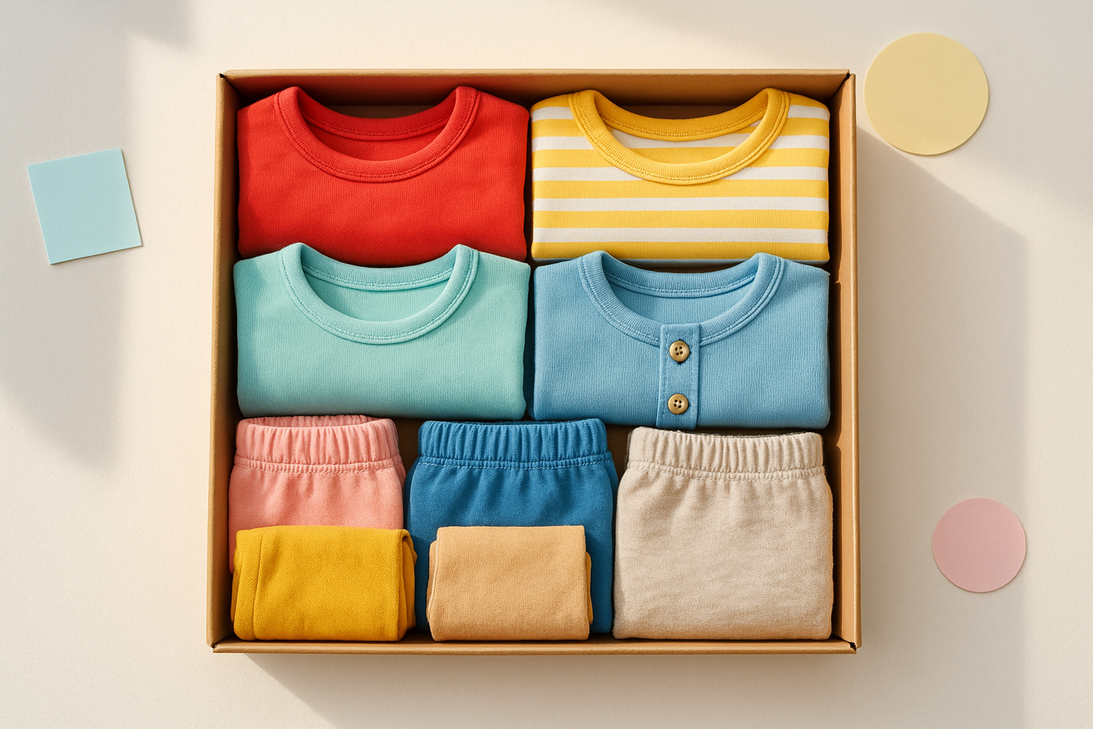 Colorful children's clothing bundle ready for delivery as part of a membership plan