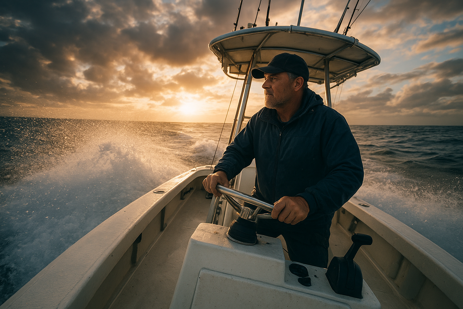 Captain piloting an offshore charter boat toward open water near Murrells Inlet