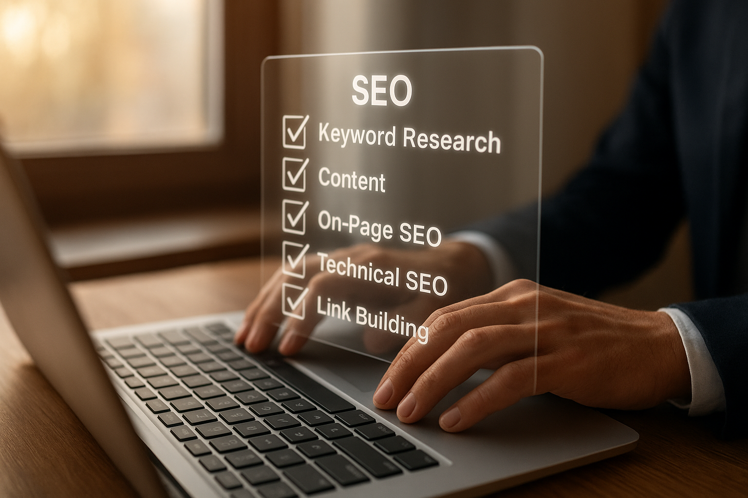Small business owner reviewing completed automated SEO tasks on a laptop