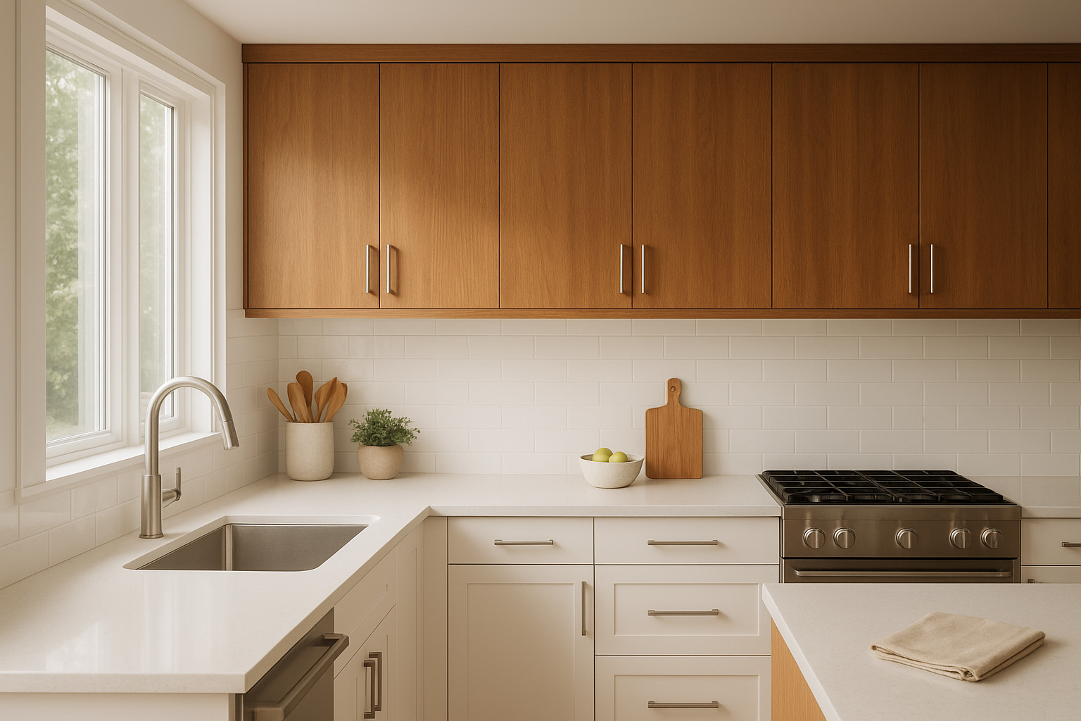 Finished Cincinnati kitchen featuring newly completed upper cabinet refacing in warm wood tone