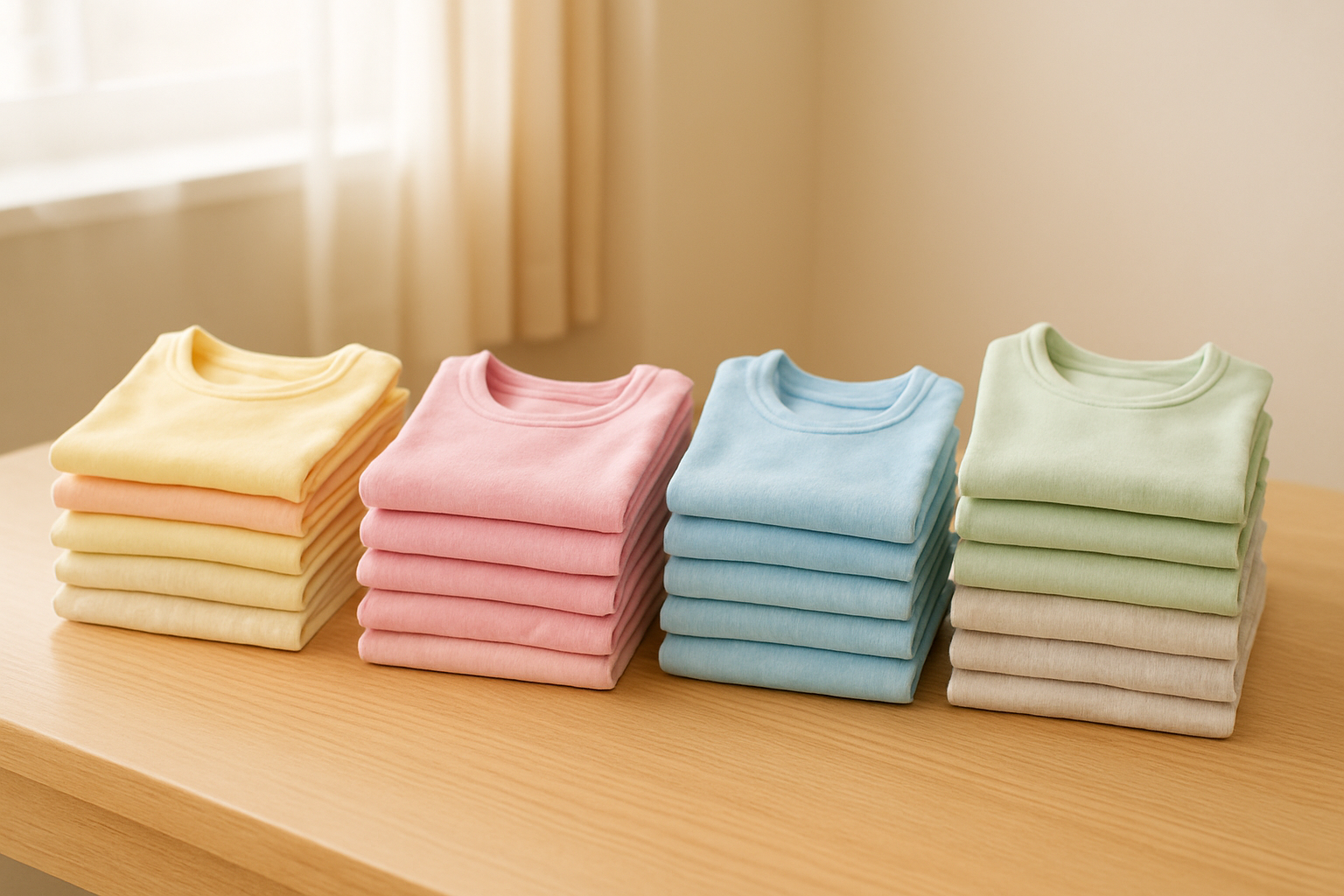 Colorful children's clothing sorted by size ready for a children's clothing swap service